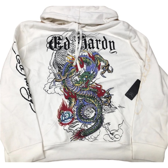 ED Hardy Japan Dragon Ivory White Pullover Hoodie Men’s Medium NEW 🔥